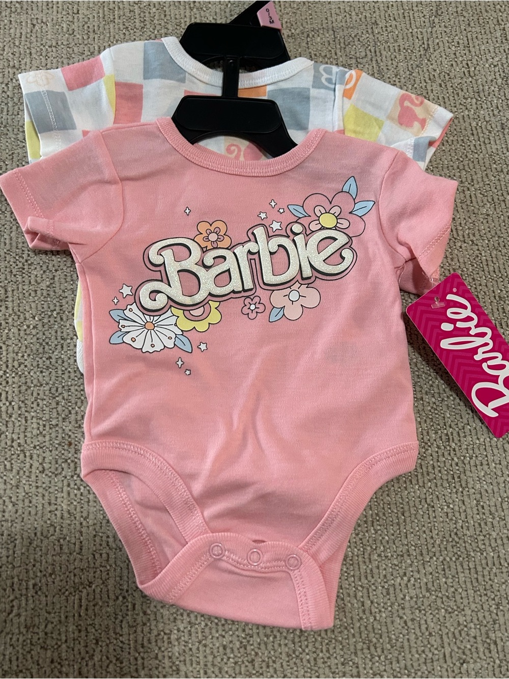 NWT Barbie Pink Floral Logo Baby One-Piece Bodysuit 0-3m